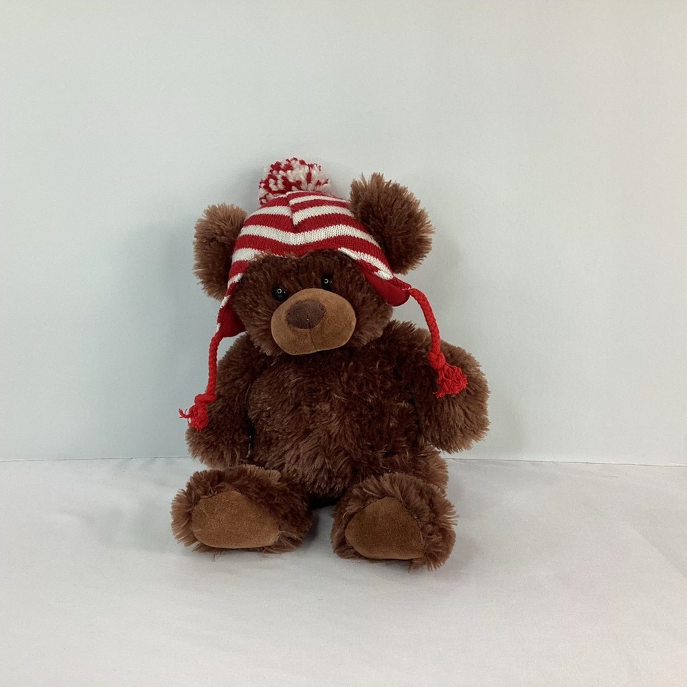 Gund Plush Brown Bear Stuffed Animal Red White Stripe Hat Winter Christmas 2014 - Picture 4 of 9